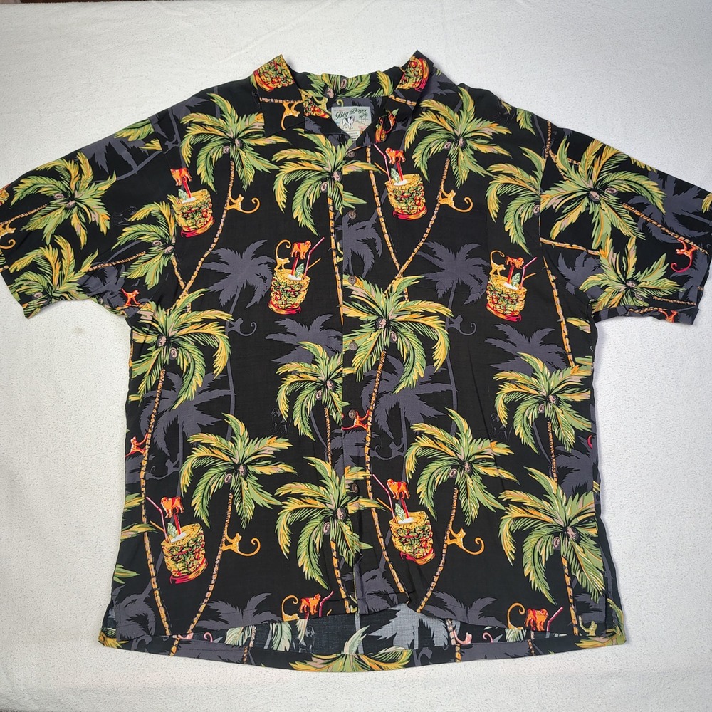 Big Dogs Hawaiian Shirt Mens Size 2X XXL Black Rayon Tropical Monkey Loop Collar